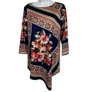 SLINKY BRAND Gorgeous Geometric & Floral Print Slanted Front‎ Top EUC Size Small